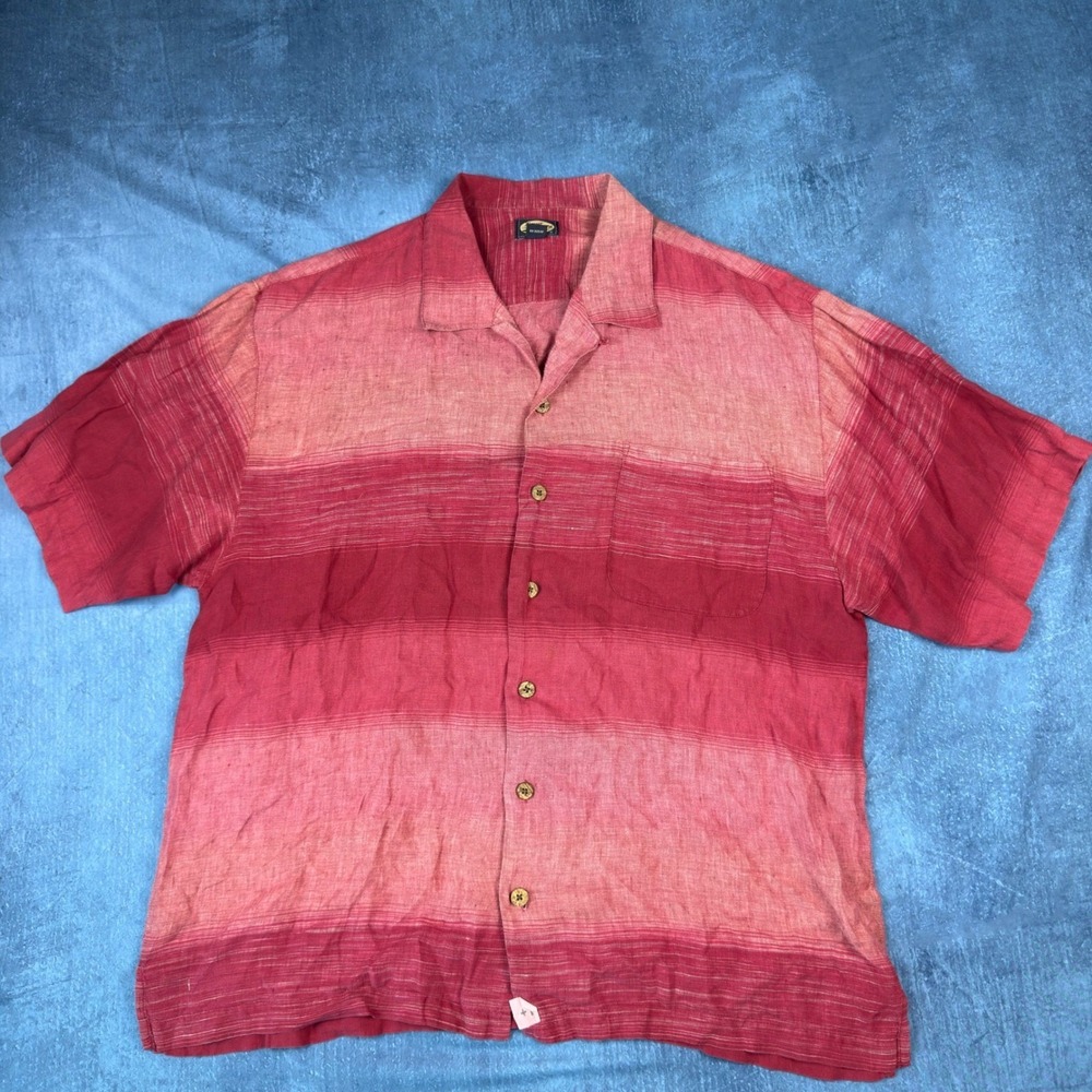 Tommy Bahama Mens XL Red Pink Striped 100% Linen Short Sleeve Camp Shirt